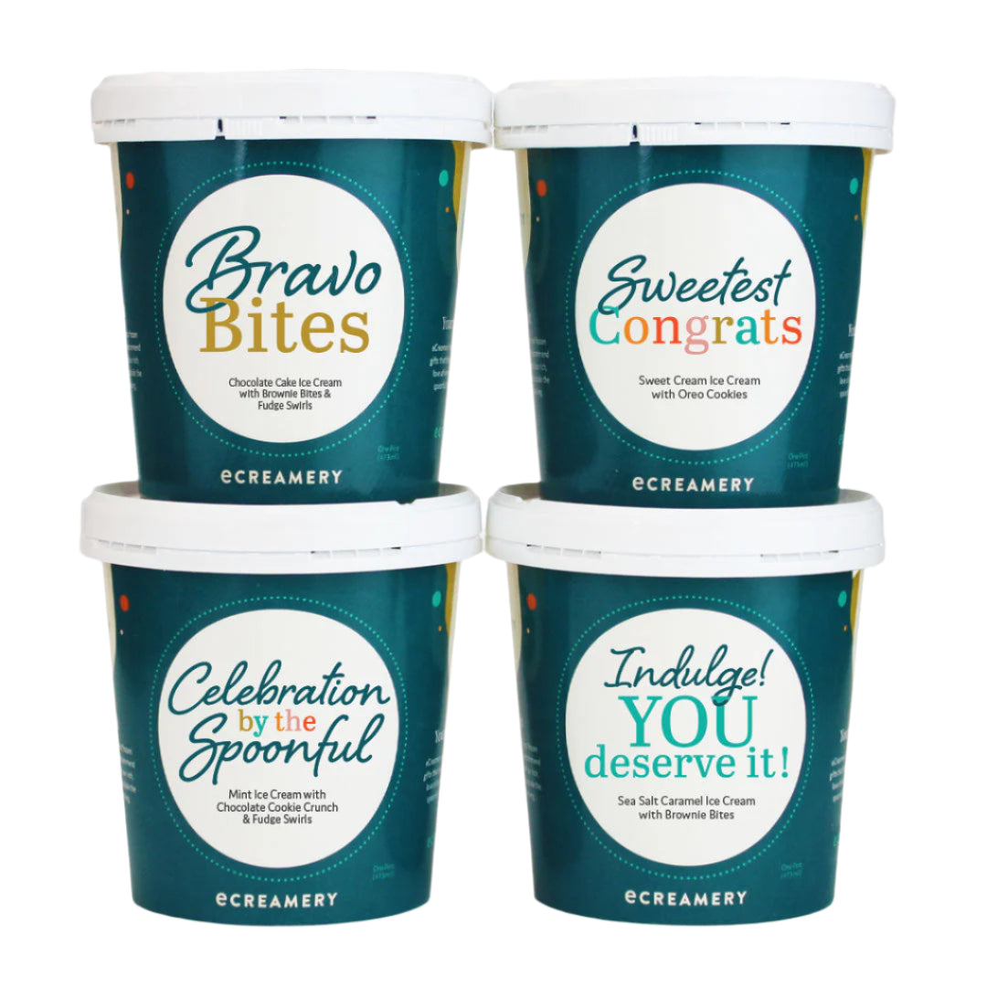 Four containers of ice cream from eCreamery with different flavor names on a white background