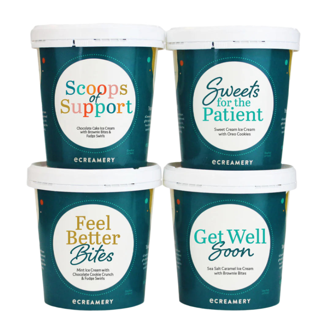 Four containers of ice cream from eCreamery with different flavor names on labels.