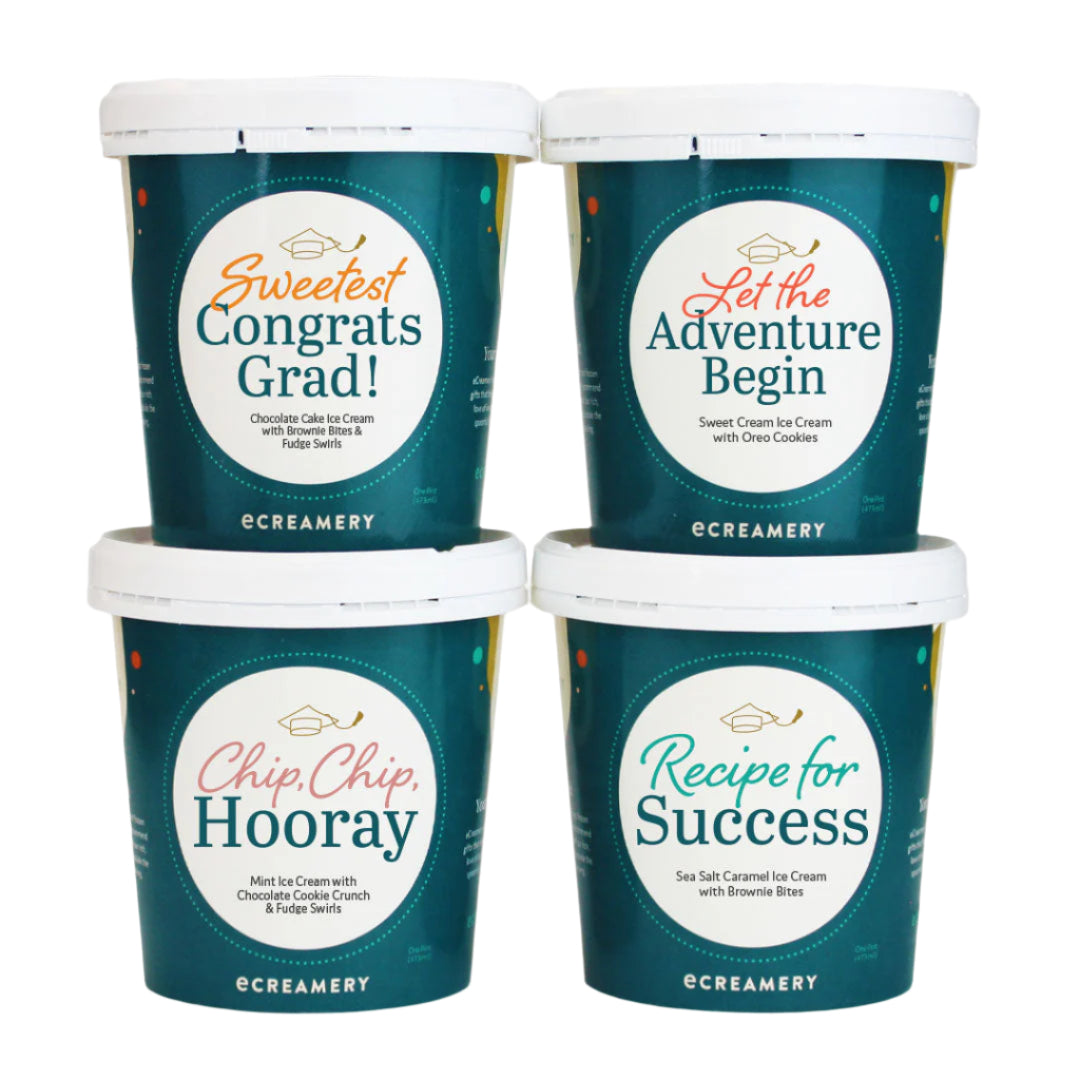 Four containers of ice cream with personalized labels on a white background