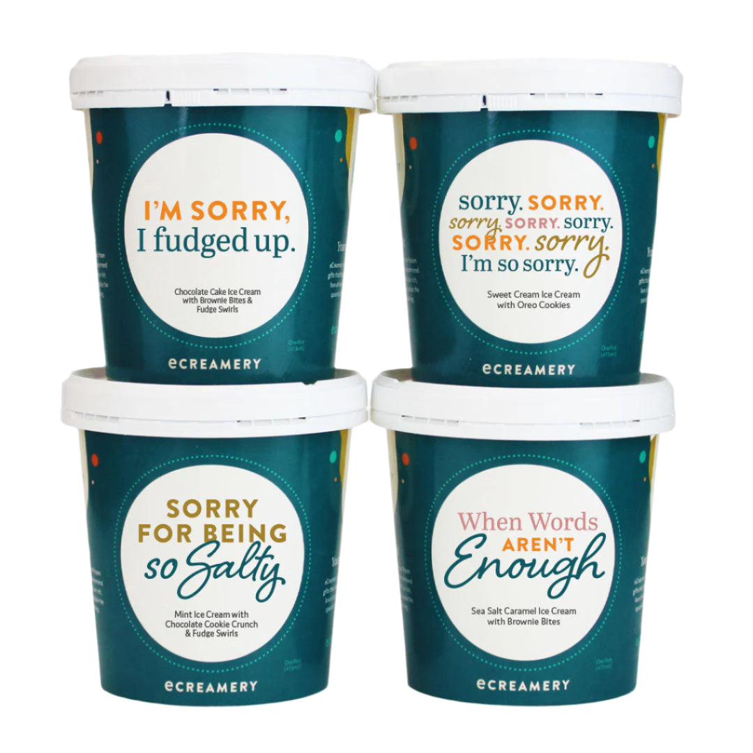 Four pints of ice cream from eCreamery with humorous labels on a white background