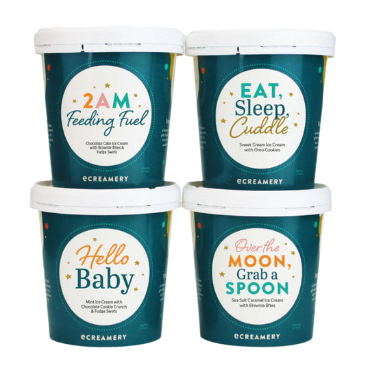Four containers of ice cream with humorous labels on a white background