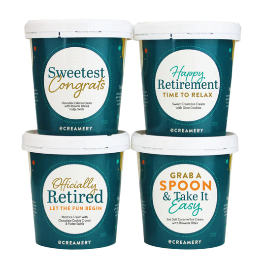Four ice cream containers with retirement-themed text on a white background