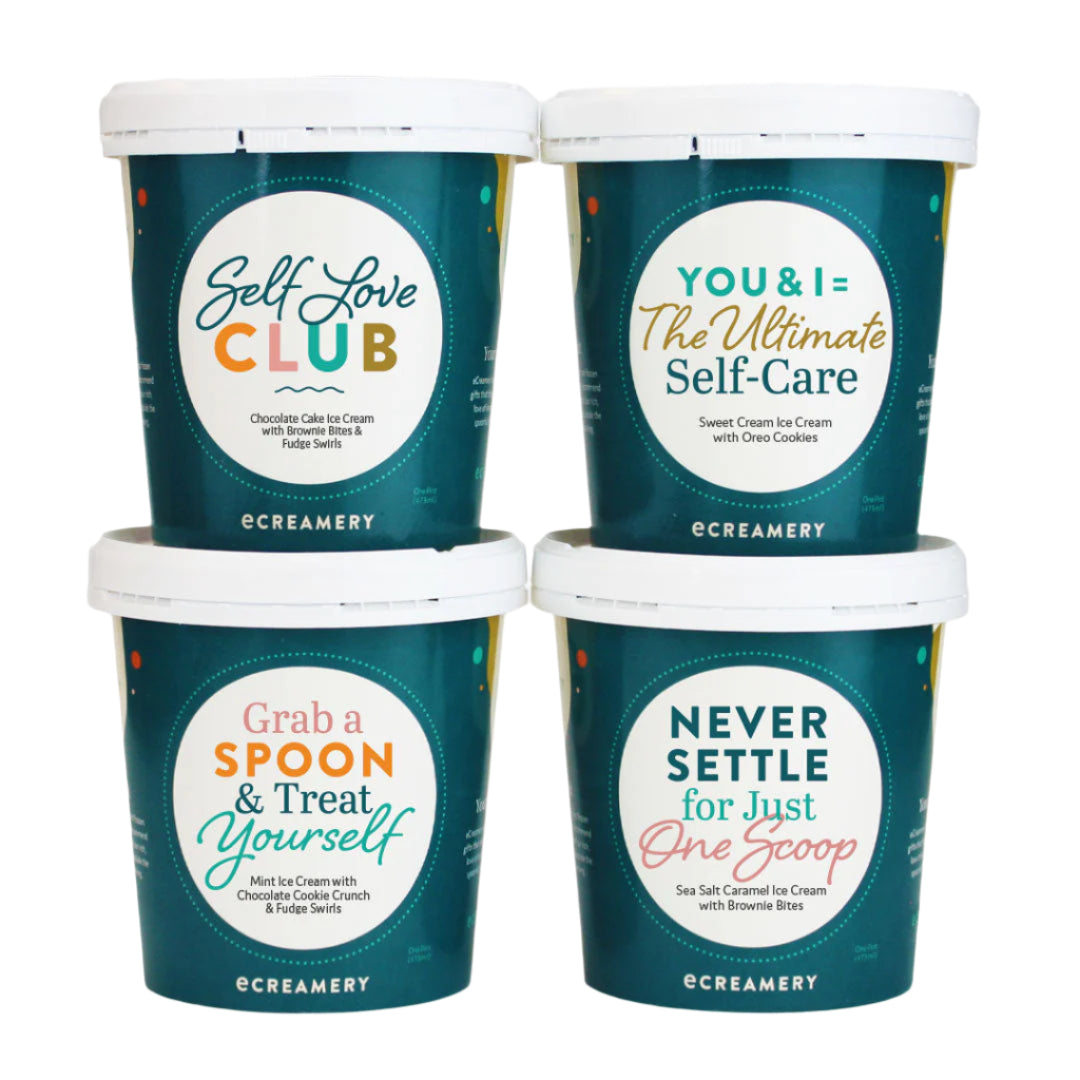 Four containers of ice cream from Self Love Club on a white background
