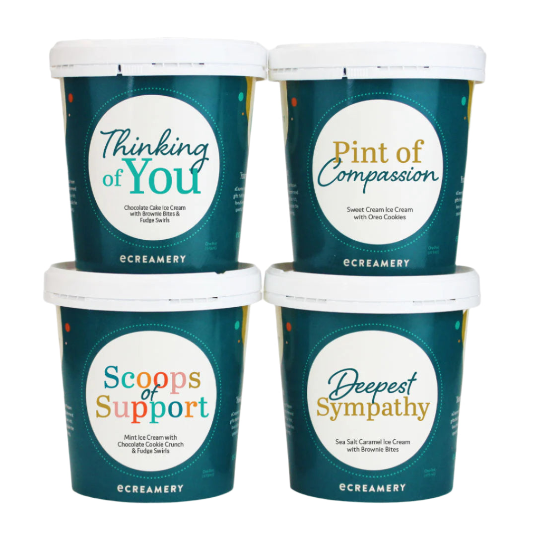 Four ice cream pints with various messages on a white background