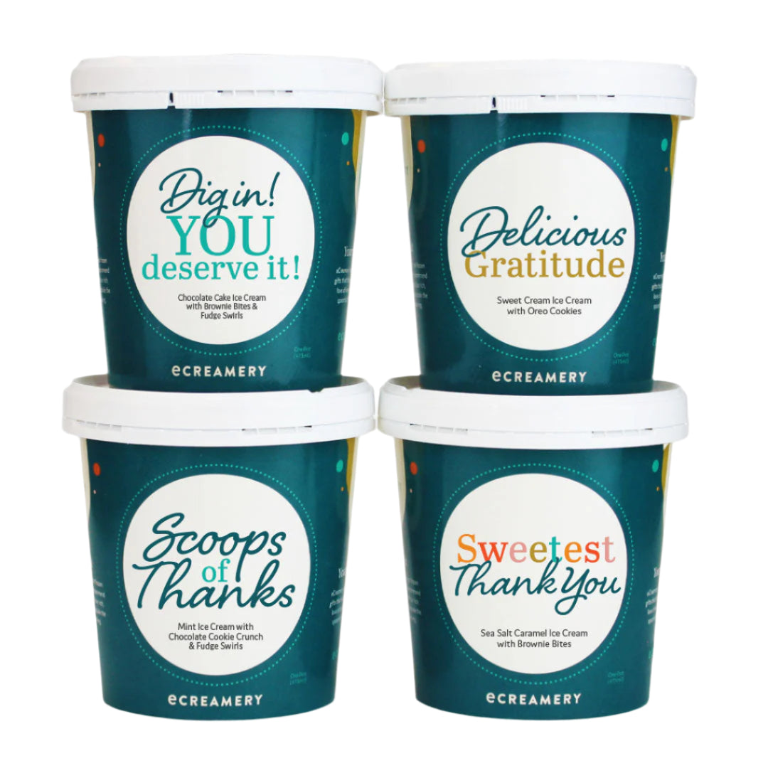 Four containers of ice cream with personalized labels on a white background
