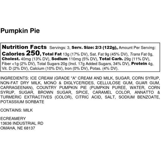 The Nutrition Fact label for Pumpkin Pie Ice Cream on a white background