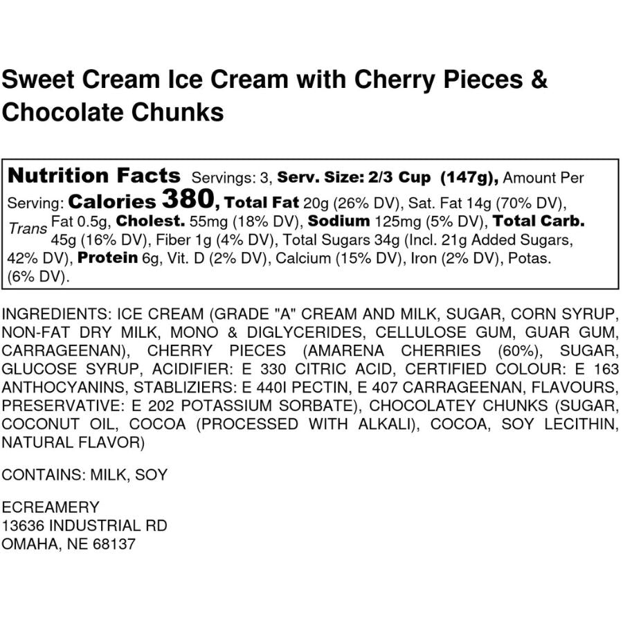 The nutrition fact label for Cherry Chocolate Chunk Ice Cream on a white background