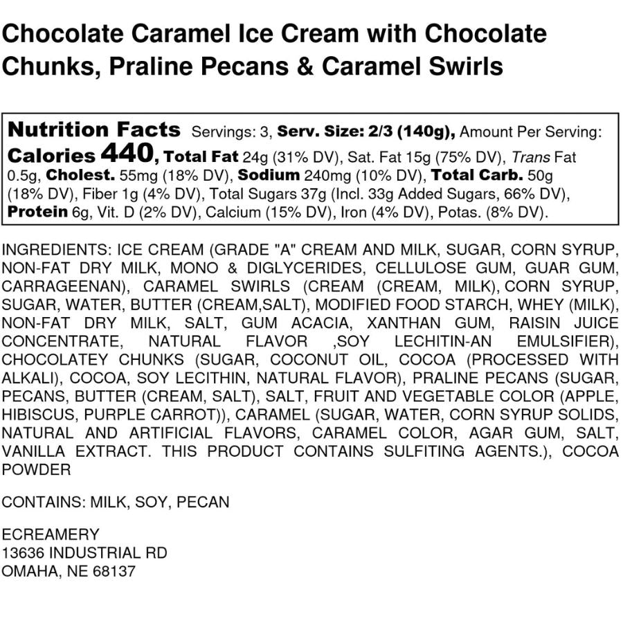 The nutrition label for Chocolate Turtle Sundae Ice Cream on a white background