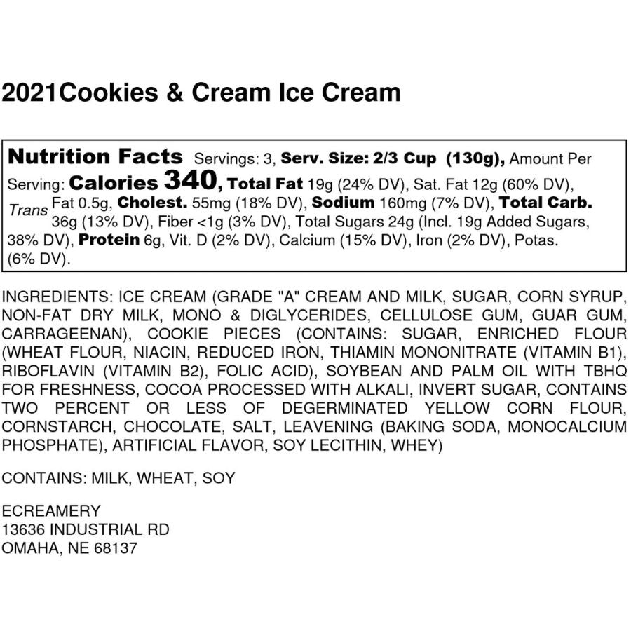 The nutrition facts for Cookies and Cream Ice Cream on a white background