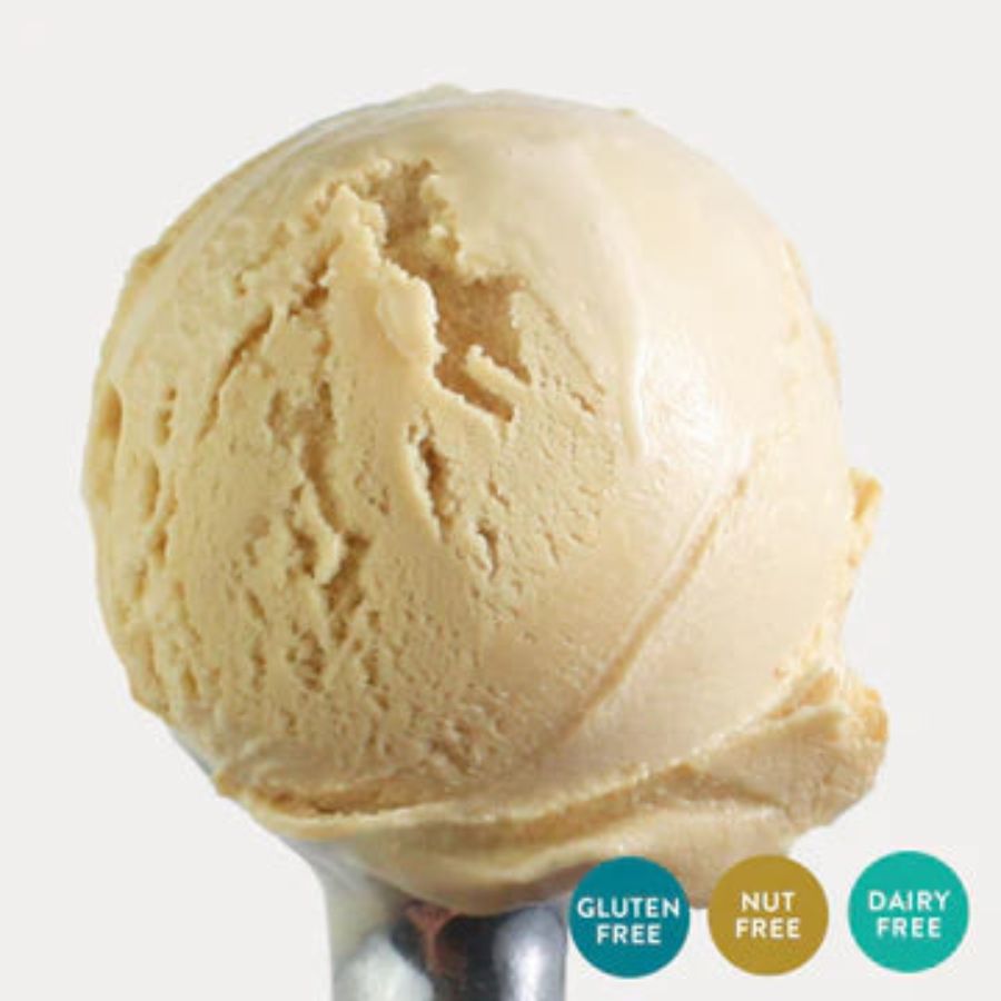 A scoop of Caramel Latte Oat Milk Ice Cream on a white background