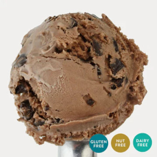 A scoop of Chocolate Chunk Oat Milk Ice Cream on a white background