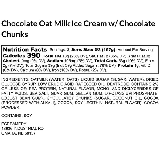 The nutrition fact label for Chocolate Chunk Oat Milk Ice Cream on a white background