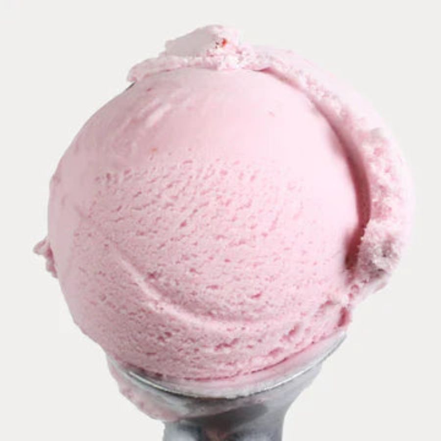 A scoop of Raspberry Sorbet Ice Cream on a white background