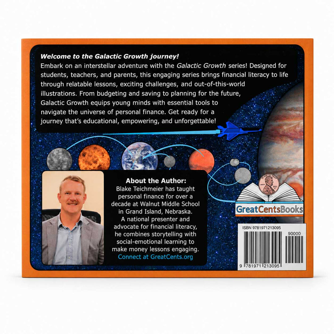 Back cover of a book titled 'Welcome to the Galactic Growth Journey!' showing a space-themed design with planets, stars, and orbital diagrams, plus author and publisher information.