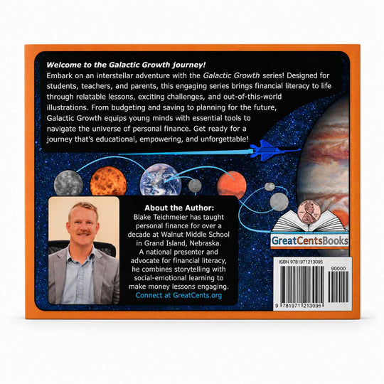 Back cover of a book titled 'Welcome to the Galactic Growth Journey!' showing a space-themed design with planets, stars, and orbital diagrams, plus author and publisher information.