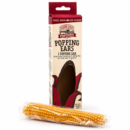 Three Day Popcorn popping ears packaging with a corn cob on a white background