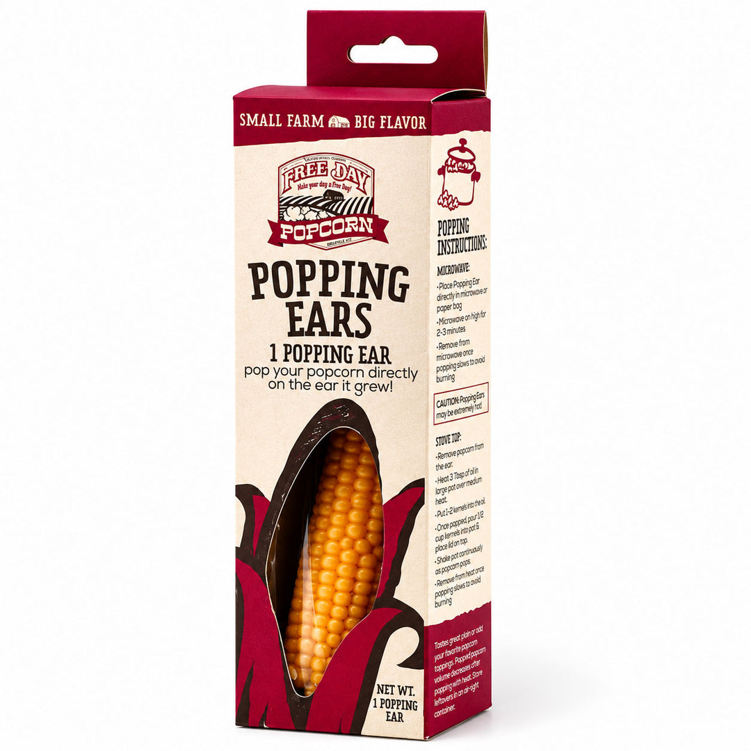 Box of Free Range Popcorn with a corn illustration on a white background