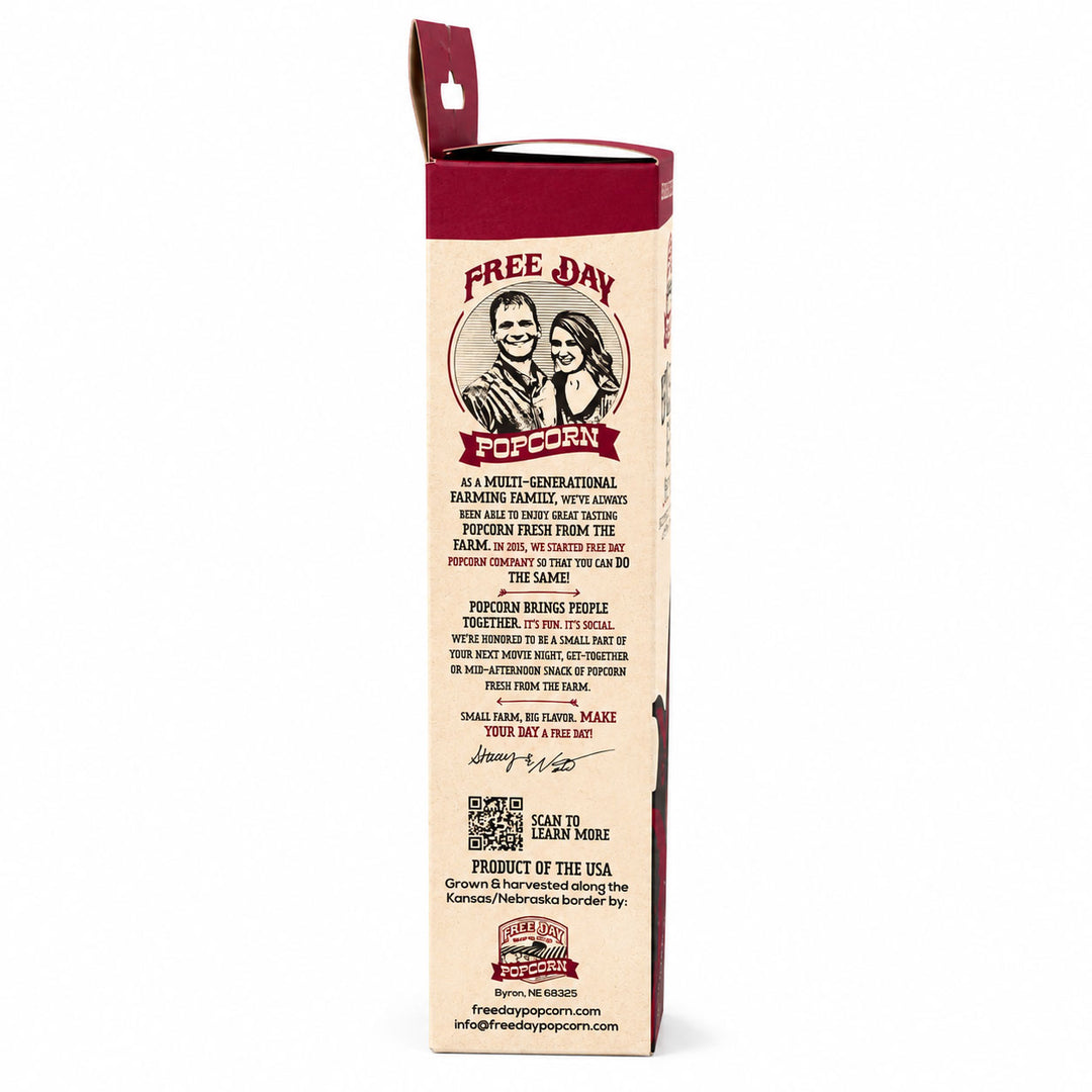 Free Day Popcorn packaging with text and a QR code on a white background