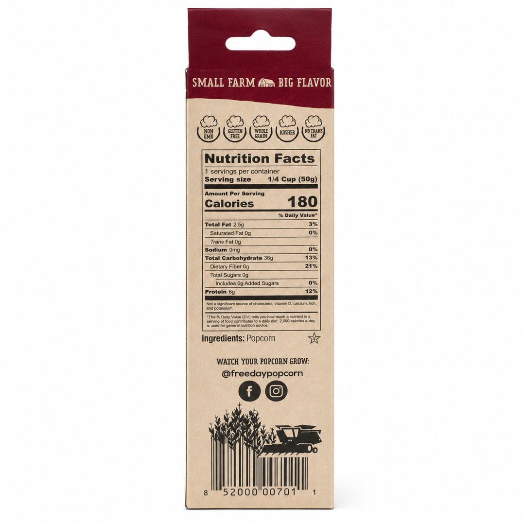 Back of a popcorn packaging with nutrition facts and branding on a white background