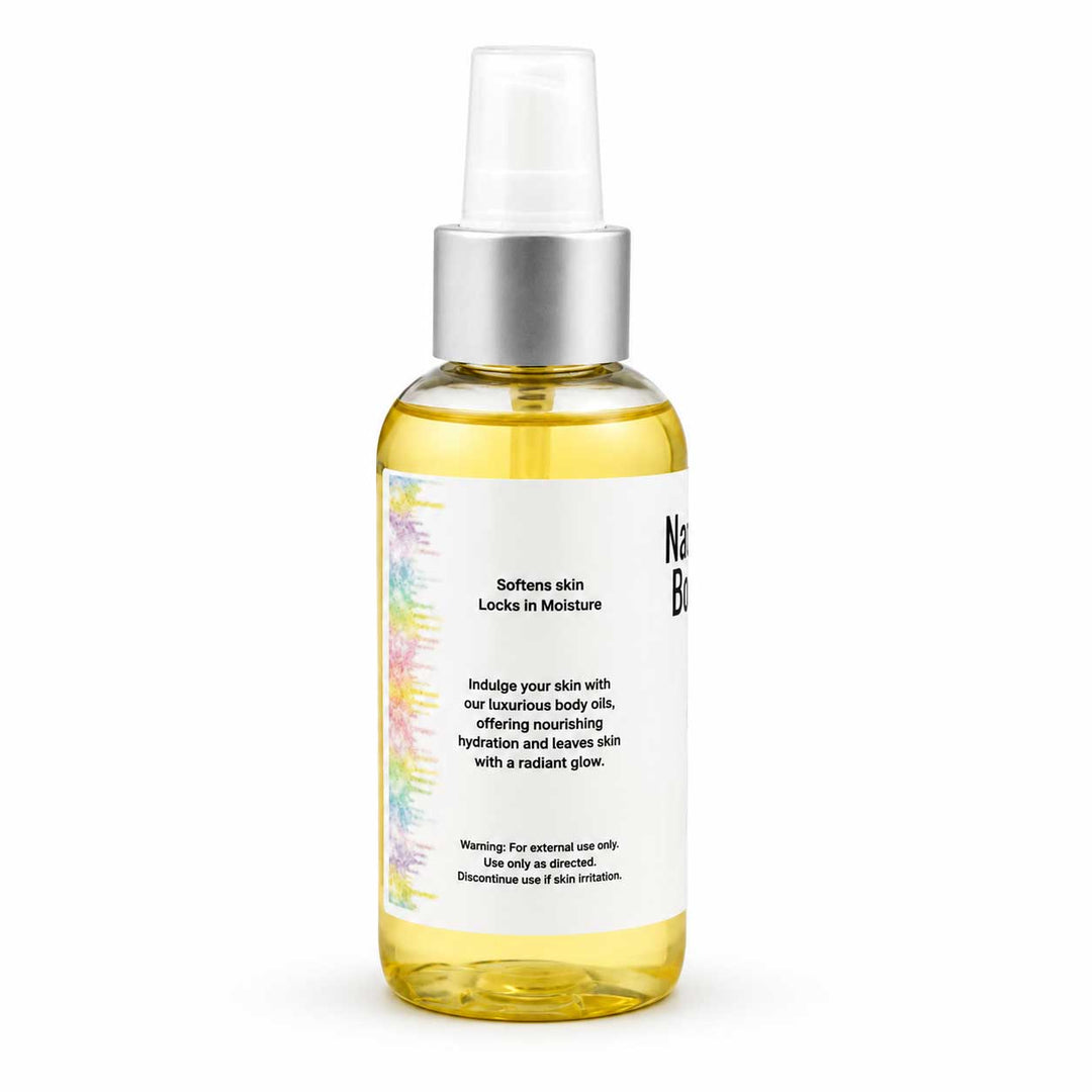 A clear bottle of Neat Body Nourishing Body Oil with a white spray cap and silver pump, filled with yellow oil, on a white background.