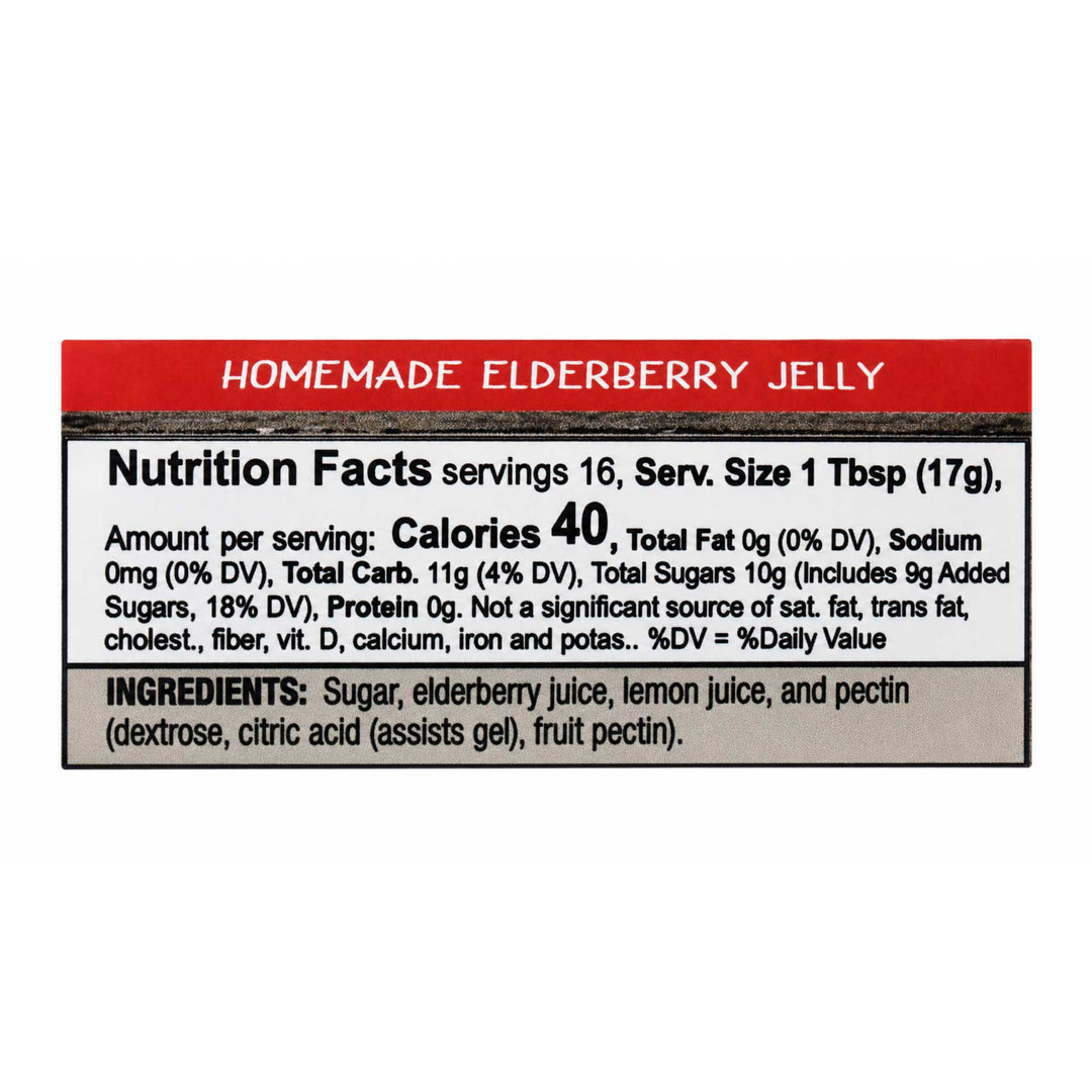 Nutrition facts label for homemade elderberry jelly on a white background