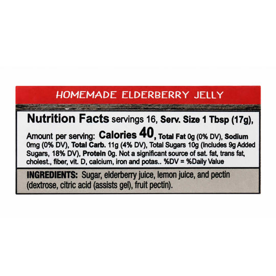 Nutrition facts label for homemade elderberry jelly on a white background