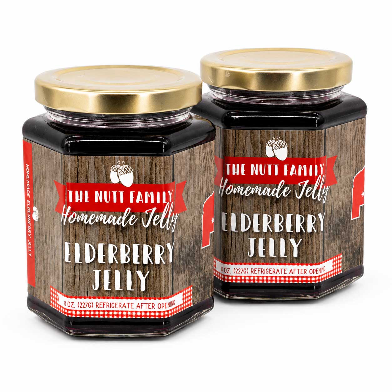 Two jars of Elderberry Jelly with wooden design labels on a white background