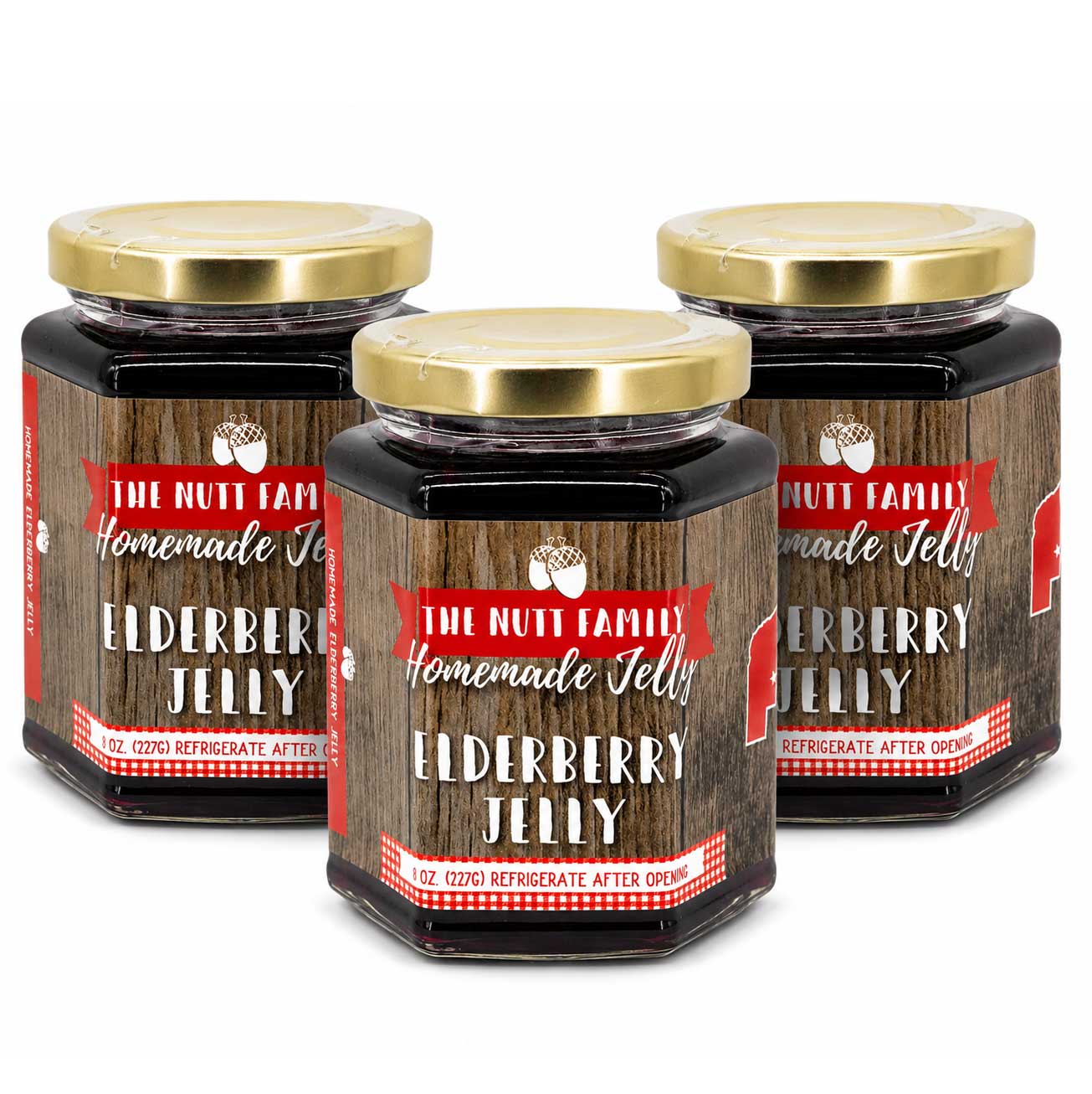 Three jars of Elderberry Jelly with a wooden design label on a white background