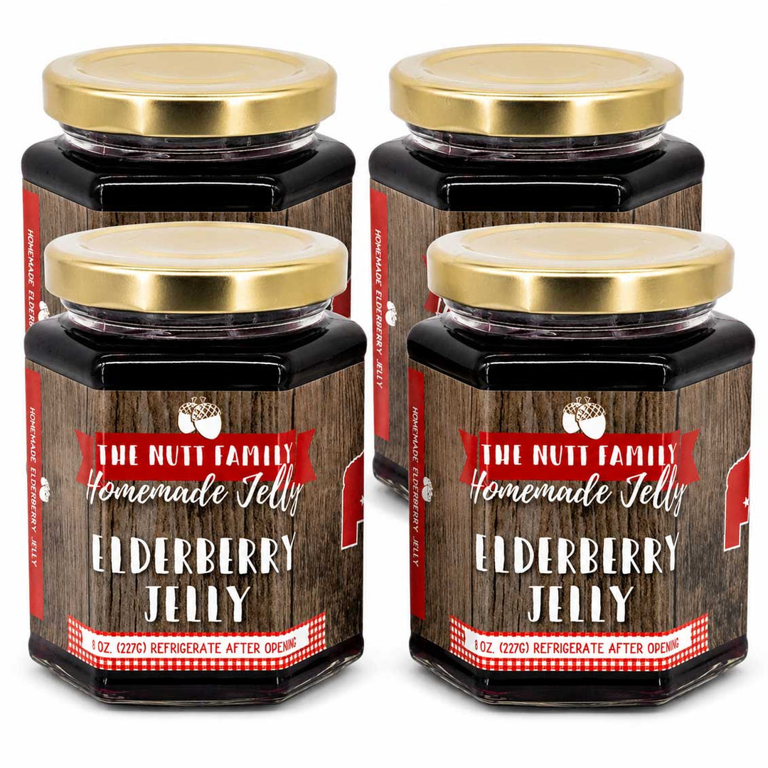 Four jars of Elderberry Jelly with a wooden design label on a white background