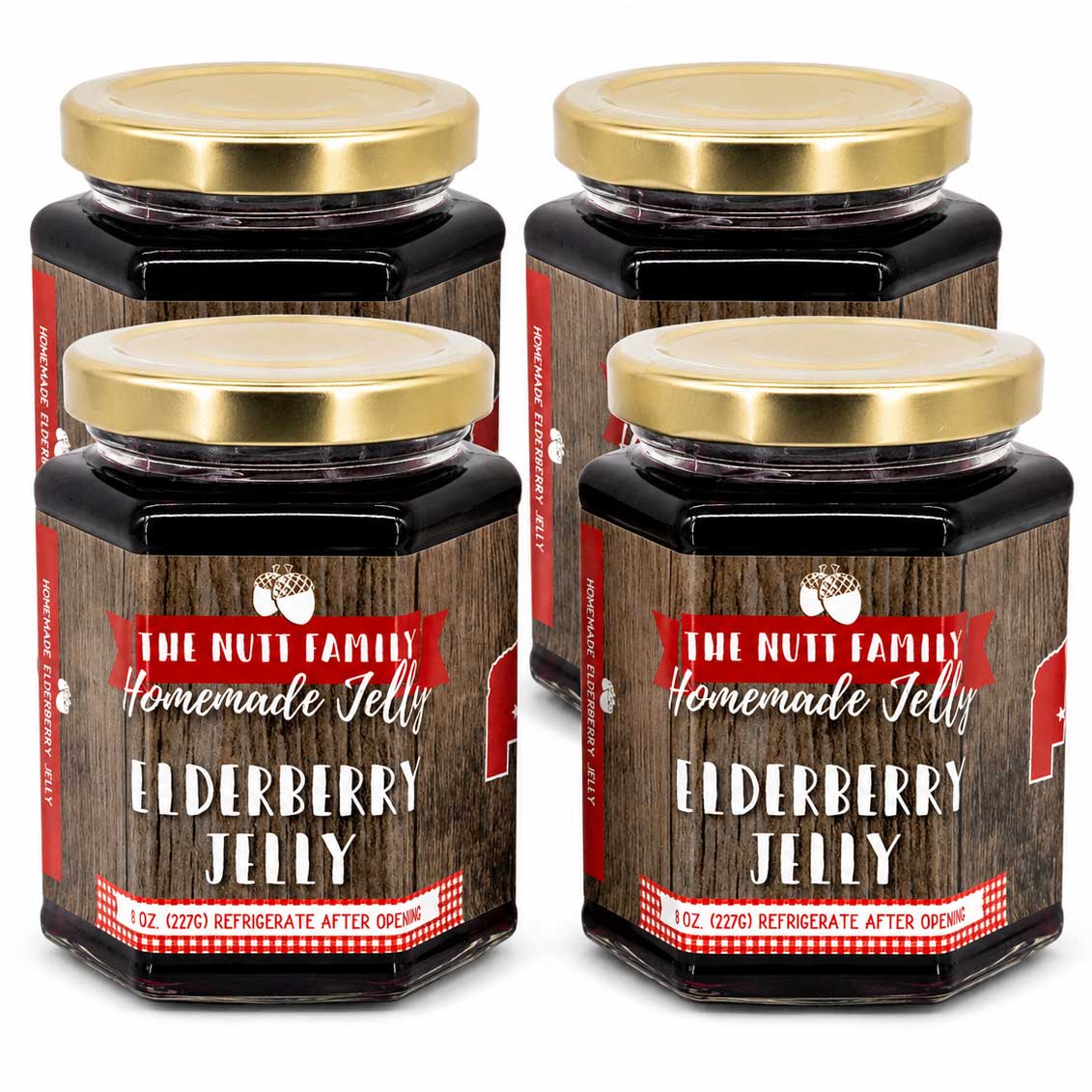 Four jars of Elderberry Jelly with a wooden design label on a white background