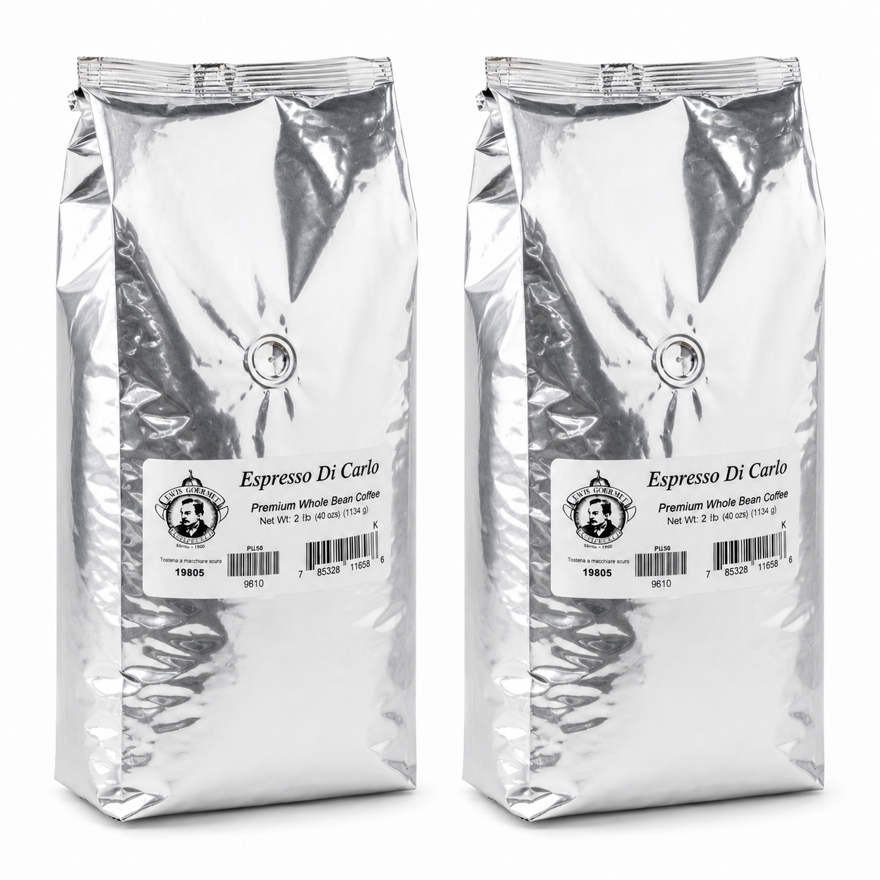 Two packages of Espresso Di Carlo coffee on a white background