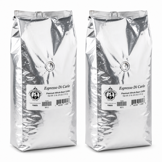 Two packages of Espresso Di Carlo coffee on a white background