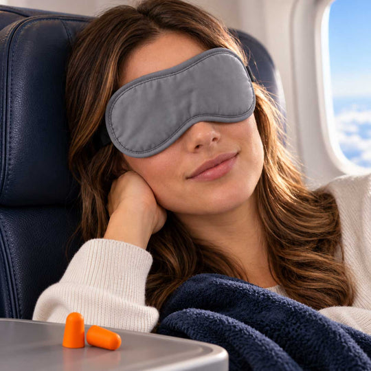Person on a plane with an eye cover