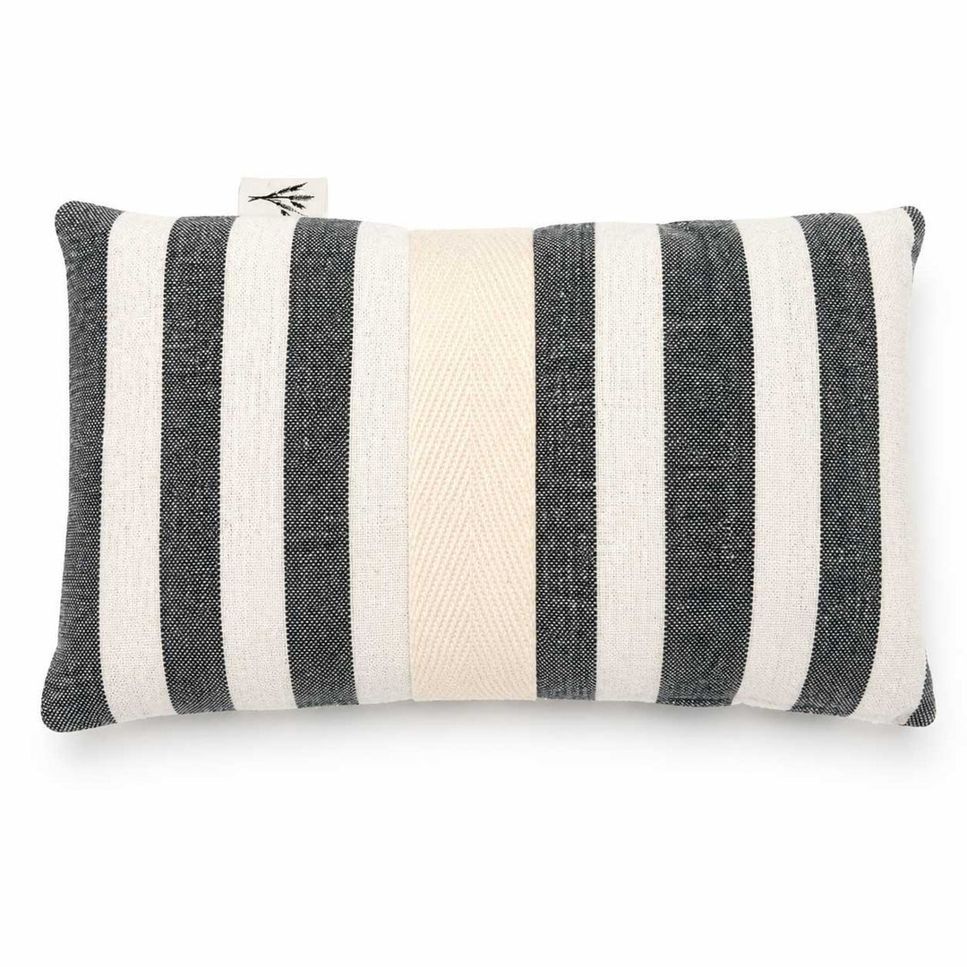 Striped pillow with black and white horizontal stripes on a white background