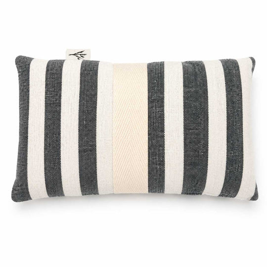 Striped pillow with black and white horizontal stripes on a white background