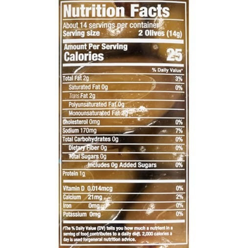 Nutrition facts label for olives on a white background