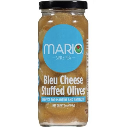 Jar of Bleu Cheese Stuffed Olives with Mario brand label on a white background