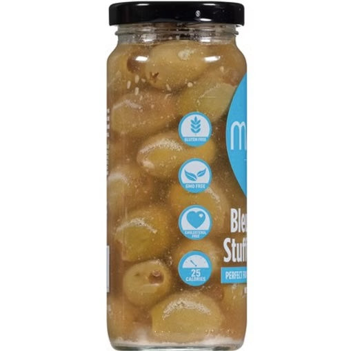 Jar of sliced green olives with a black lid on a white background