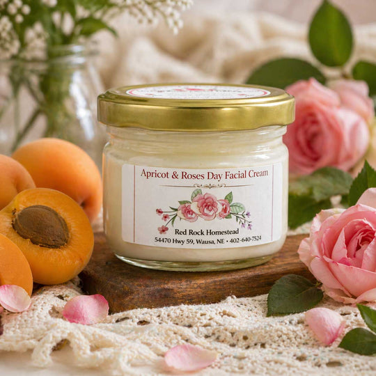 Jar of Apricot & Roses Day Facial Cream with apricots and roses on a wooden board.