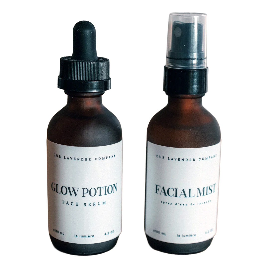 Two bottles of skincare products from 'Our Lavender Company' on a white background including glow potion and facial mist