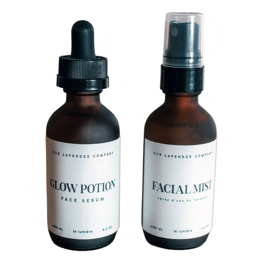 Two bottles of skincare products from 'Our Lavender Company' on a white background including glow potion and facial mist