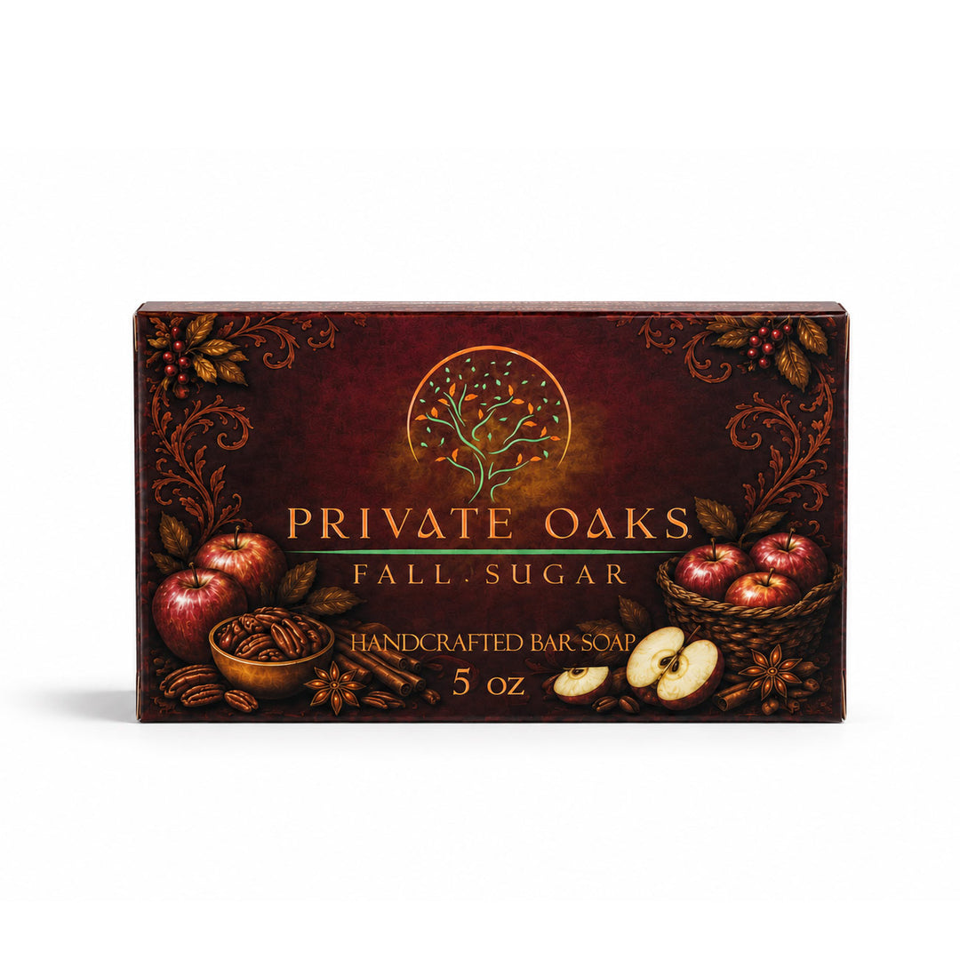 Private Oaks Fall Sugar Handcrafted Bar Soap 5 oz box, featuring a dark reddish-brown autumn-themed design with illustrations of apples, cinnamon, star anise, and a tree.