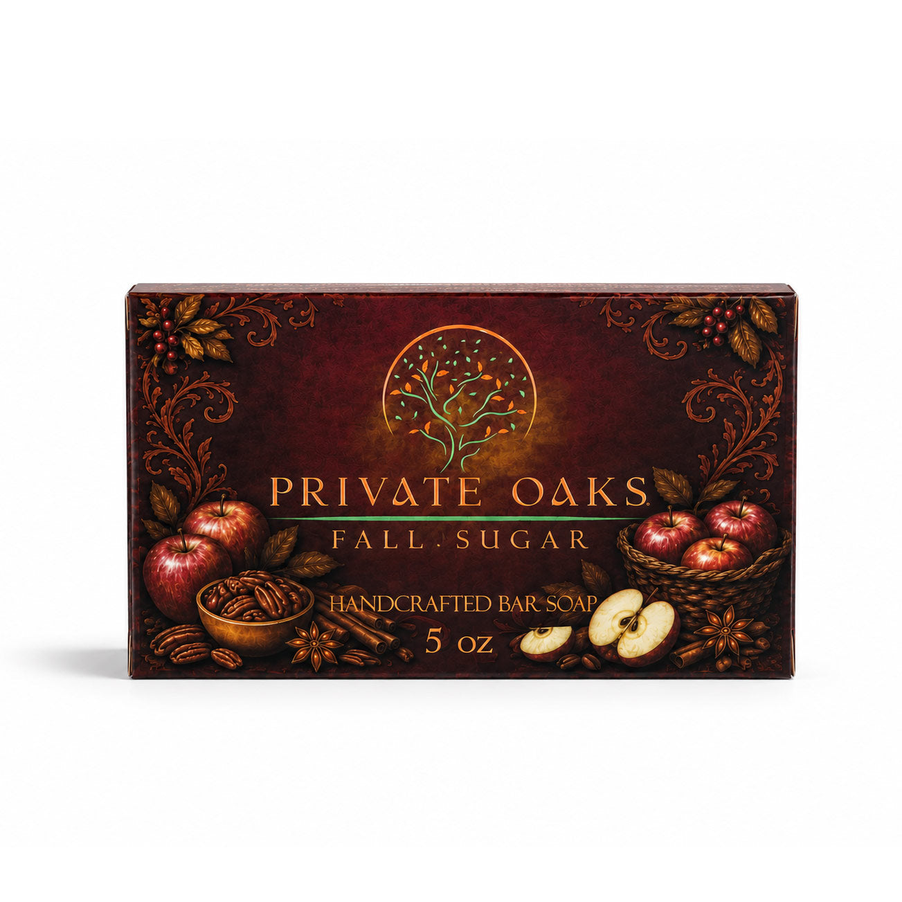 Private Oaks Fall Sugar Handcrafted Bar Soap 5 oz box, featuring a dark reddish-brown autumn-themed design with illustrations of apples, cinnamon, star anise, and a tree.