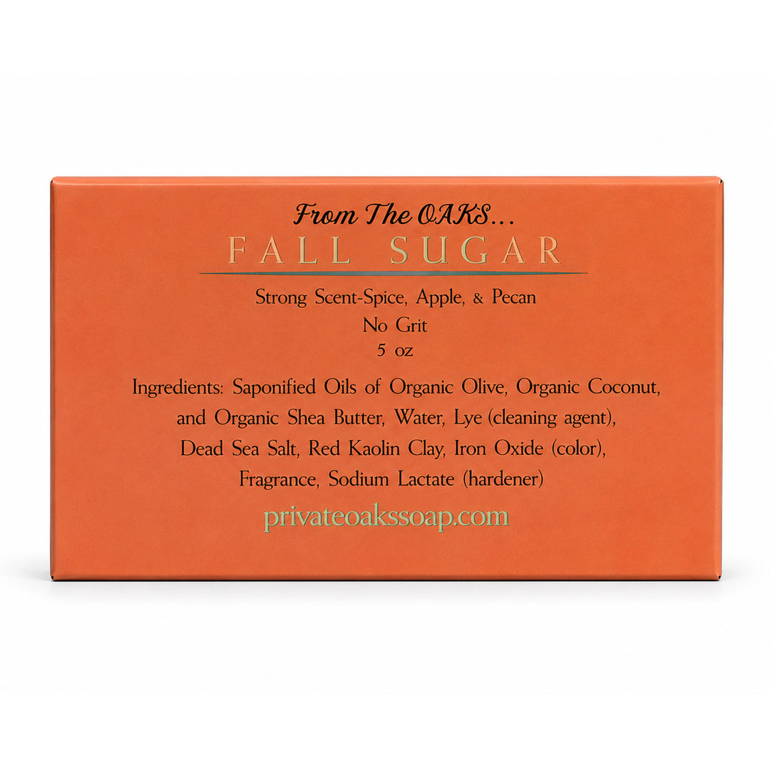 An orange rectangular box for 'FALL SUGAR' scented soap by From The OAKs.