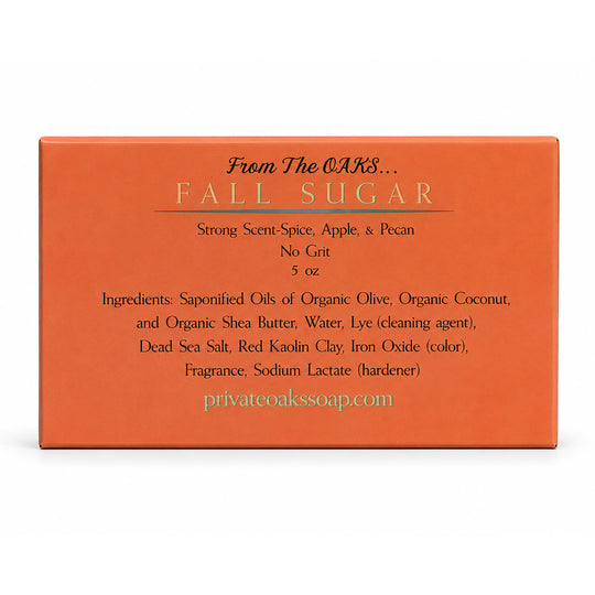 An orange rectangular box for 'FALL SUGAR' scented soap by From The OAKs.