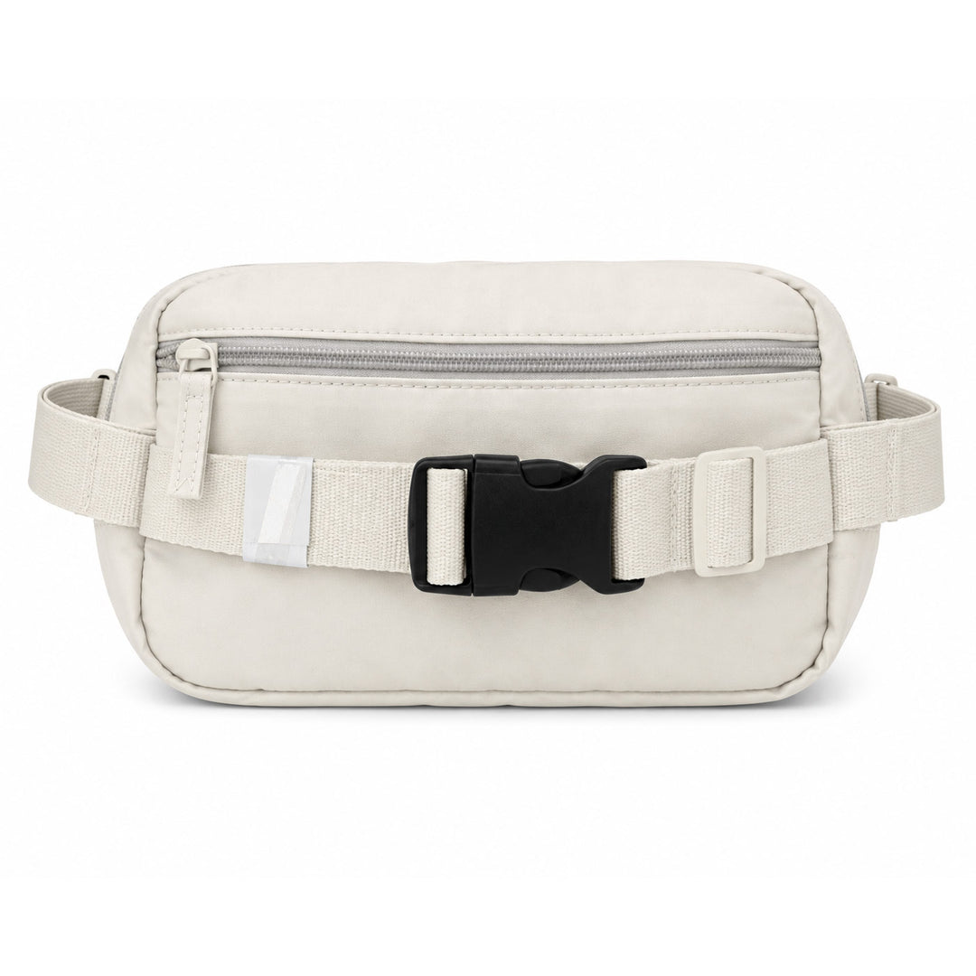 A light beige canvas waist bag with a black plastic buckle and a silver zipper, shown against a plain white background.
