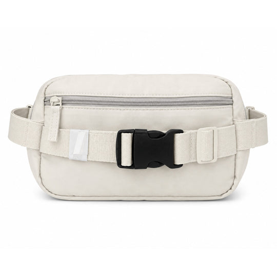A light beige canvas waist bag with a black plastic buckle and a silver zipper, shown against a plain white background.