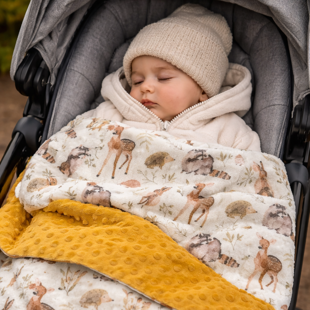 Child in a stroller with a patterned blanket and yellow trim