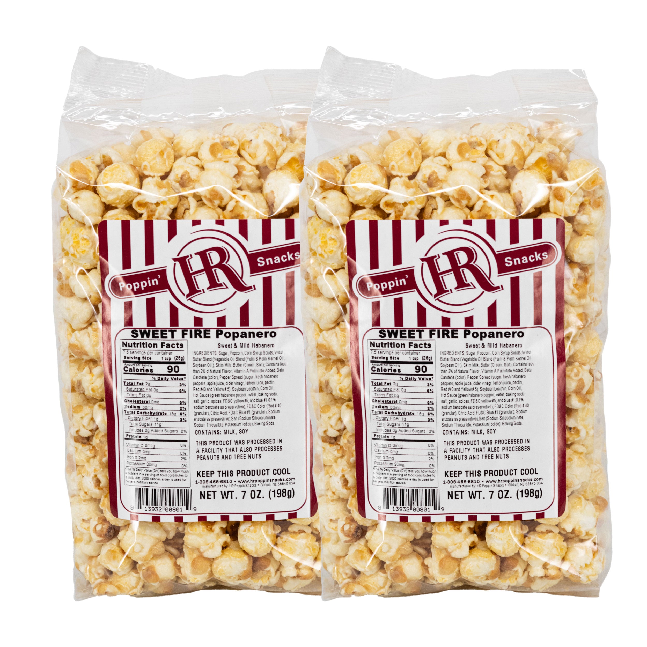 Two packages of Sweet Fire Popanero popcorn with visible branding and labels.