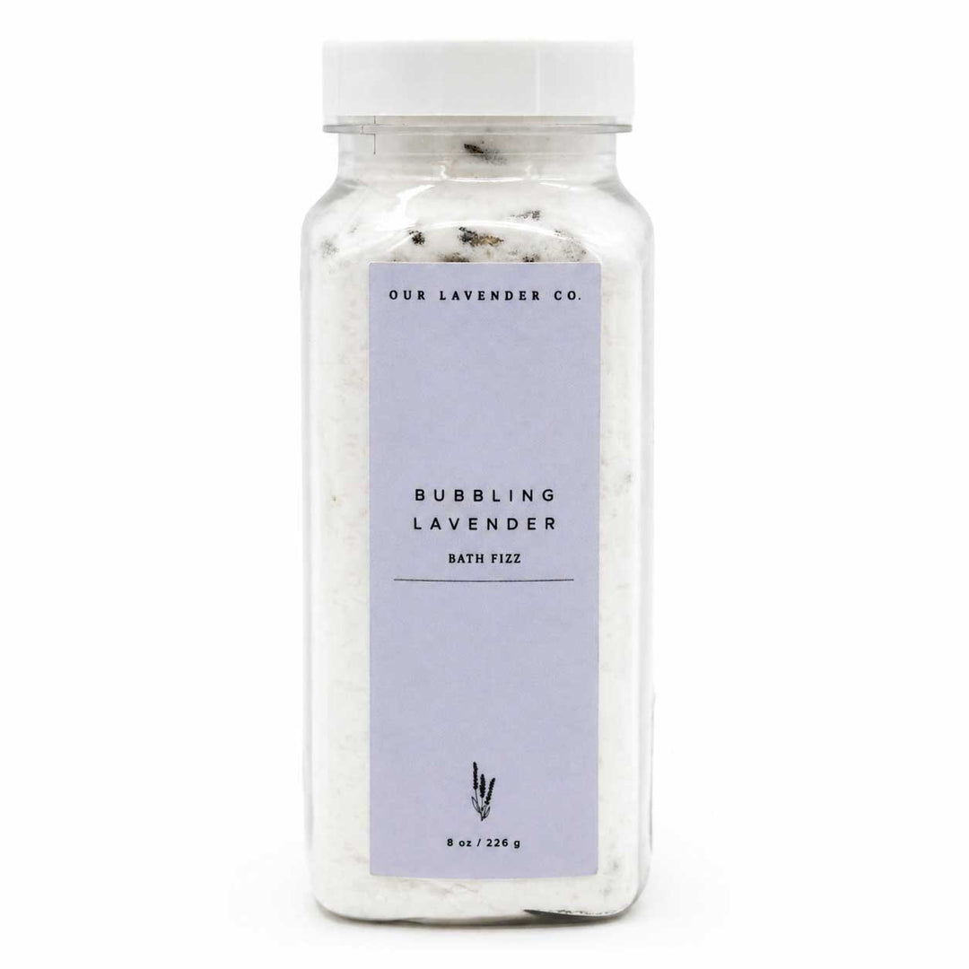 Bubbling Lavender bath fizz container with a label on a white background